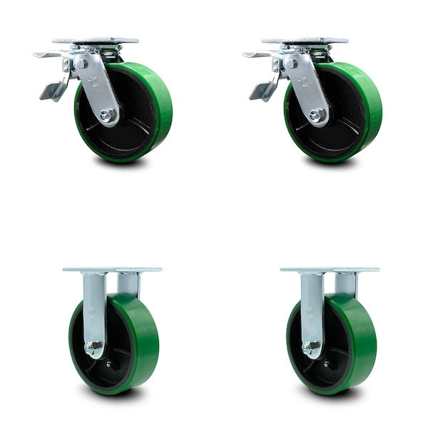 6 Inch Green Poly on Cast Iron Caster Set with Roller Bearings 2 Brakes 2 Rigid